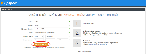 Návod na registraci u Tipsportu - krok 1