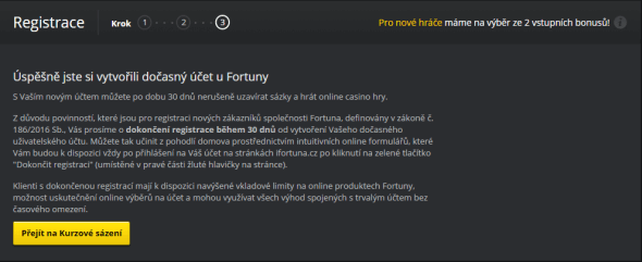 Fortuna registrace - vytvoření dočasného účtu