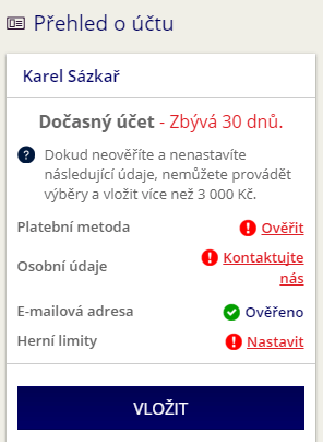 SazkaBet - přehled účtu po ověření e-mailové adresy
