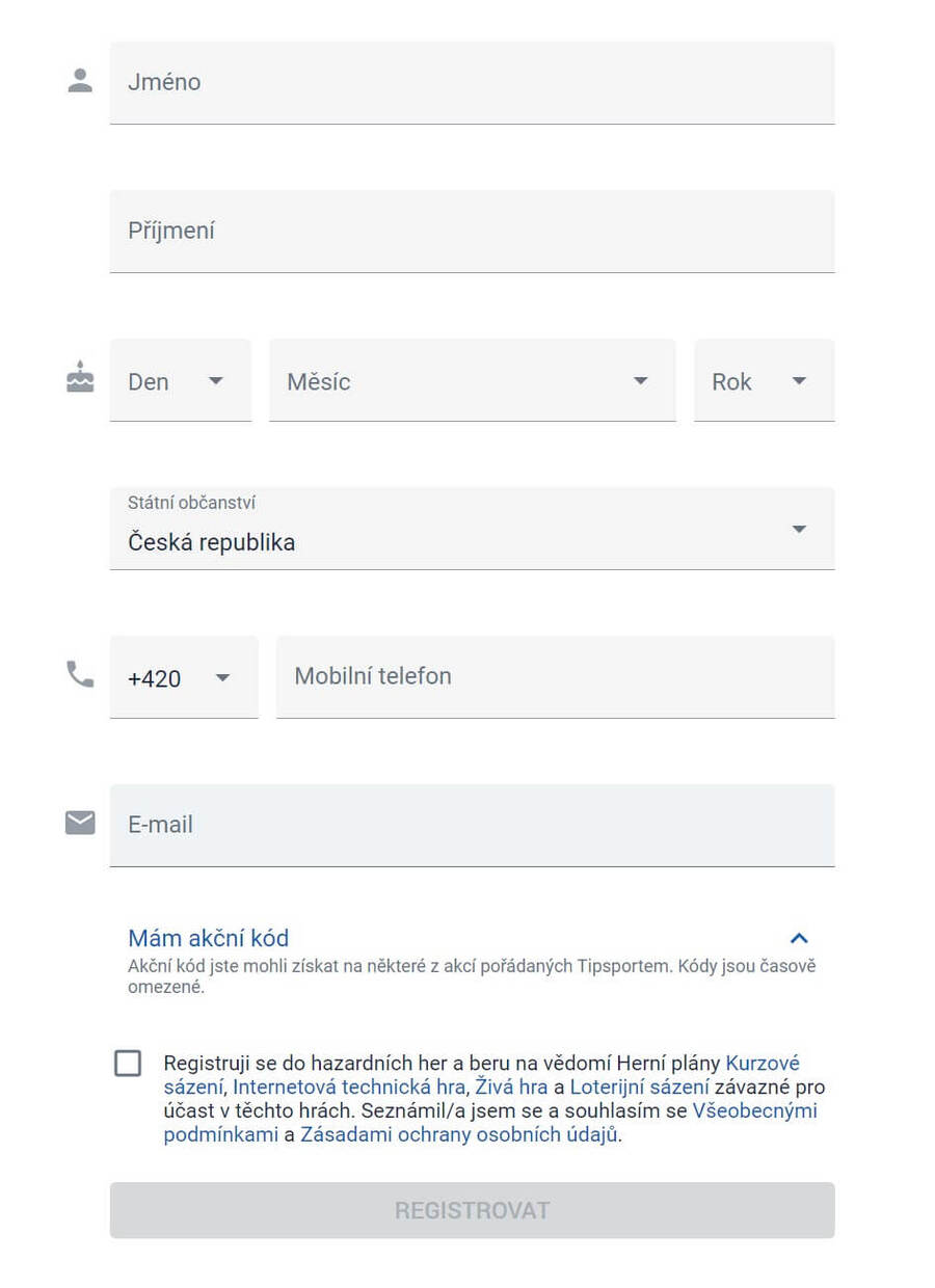 Tipsport registrace bonus – formulář