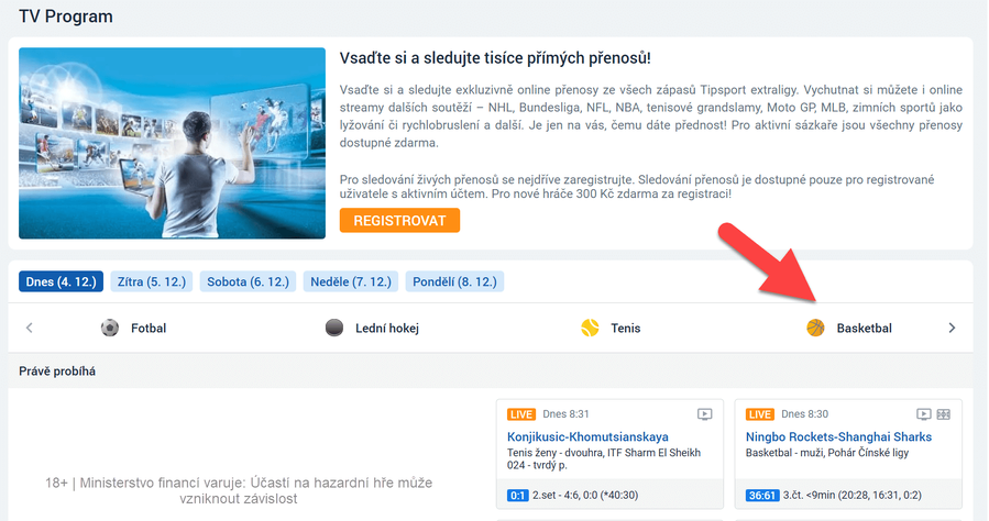 basketbalové live streamy na TV Tipsport