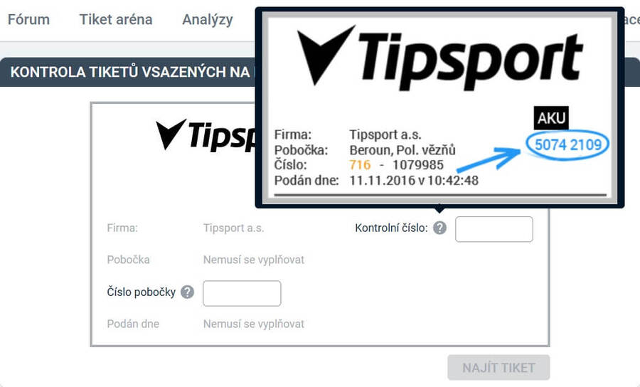 Tipsport kontrola tiketu online bez přihlášení - kontrolní číslo