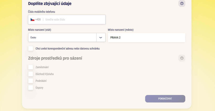 Registrace Sazkabet účet zbývající údaje