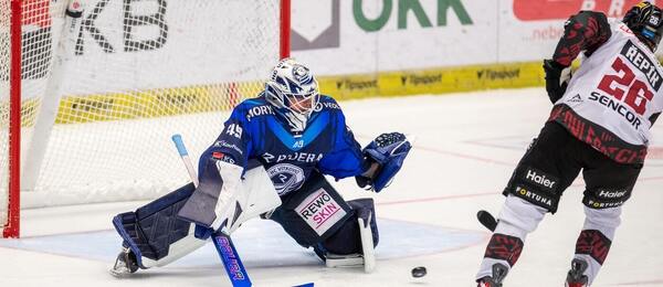 Sparťanský útočník Michal Řepík před vítkovickým brankářem Hrachovinou