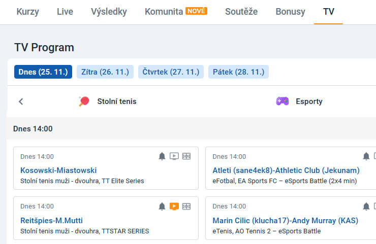 Program ping-pongových přenosů na TV Tipsport