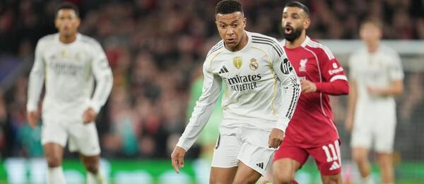 Kylian Mbappe z Realu Madrid na zápase Ligy mistrů 2025 proti Liverpoolu 